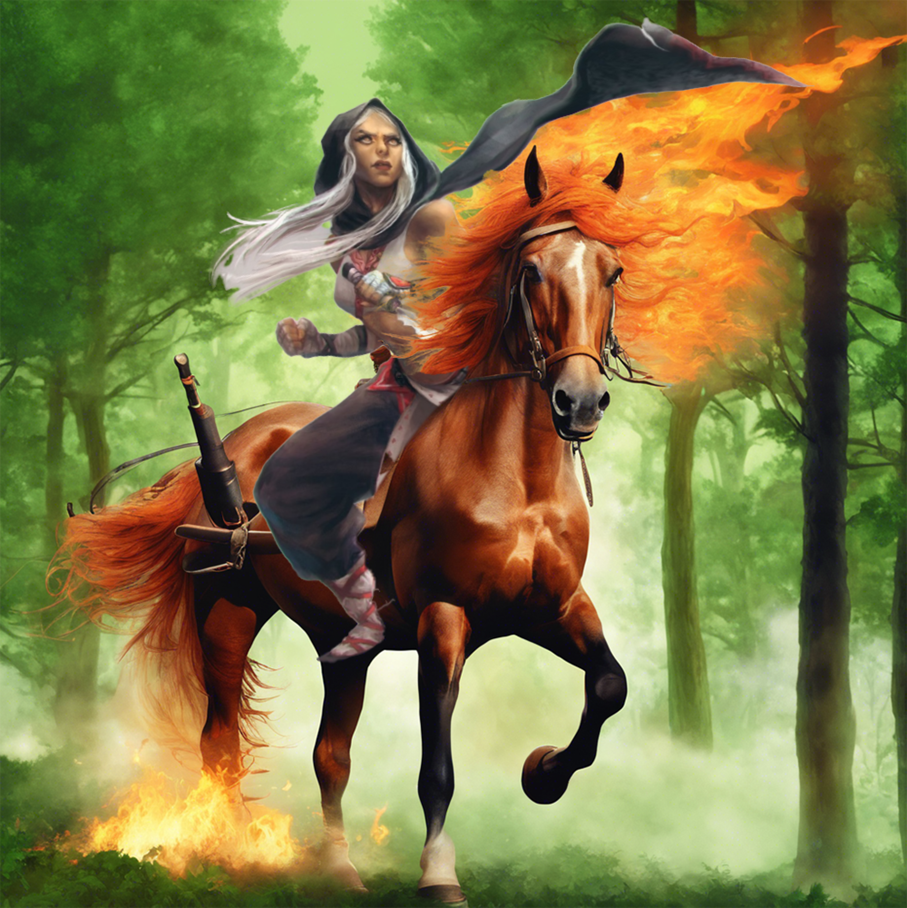 A horse with flaming hair, armoured with cannons, ridden by Selah the monk through a lush, green forest